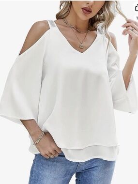 New Cold-Shoulder V-Neck Blouse in White